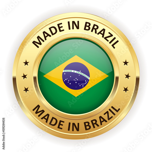 Made in brazil button with gold border on white background