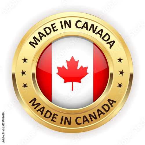 Made in canada button with gold border on white background