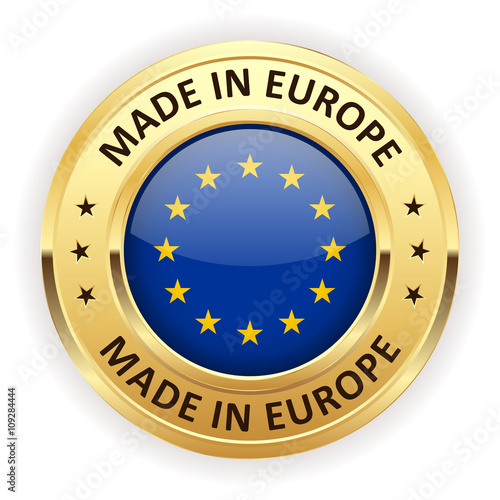 Made in europe button with gold border on white background