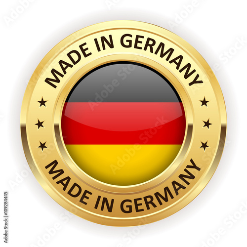 Made in germany button with gold border on white background