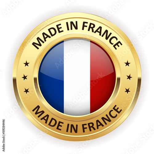 Made in france button with gold border on white background