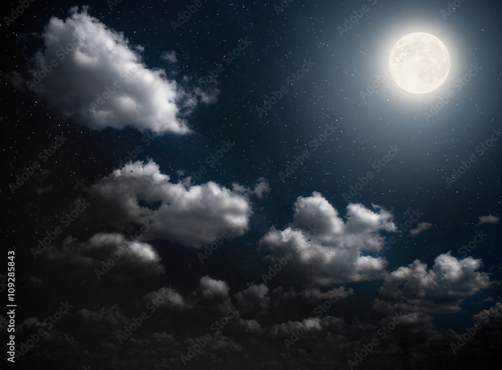 Cloudy night sky with moon and star. Elements of this image furnished by NASA.