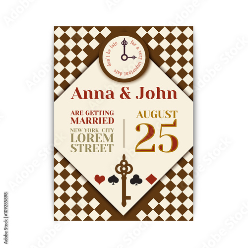 Wedding Party in Wonderland. Save the date invitation Alice in Wonderland theme. vector template for wedding  