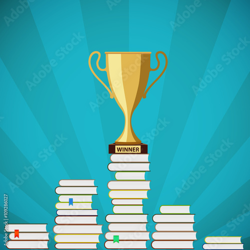 Gold Cup is standing on a pile of books. Stock vector illustrati