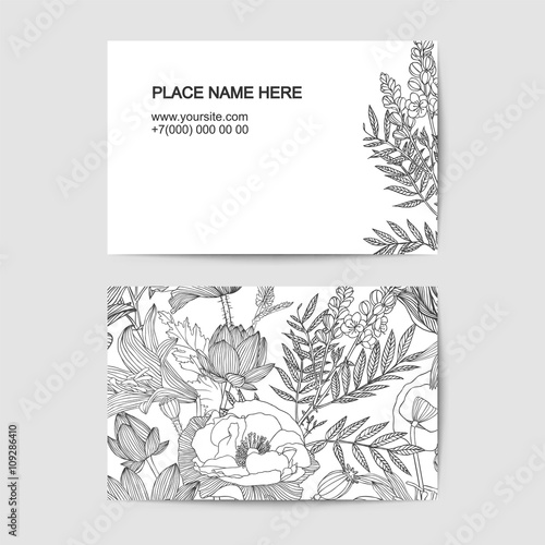 visiting card template with linear flowers