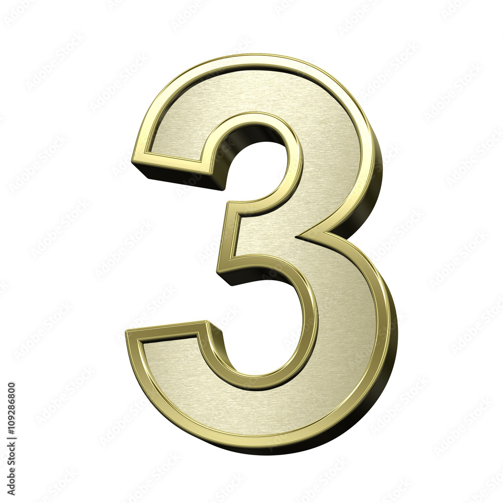 One digit from brushed gold with shiny frame alphabet set, isolated on white. 3D illustration.