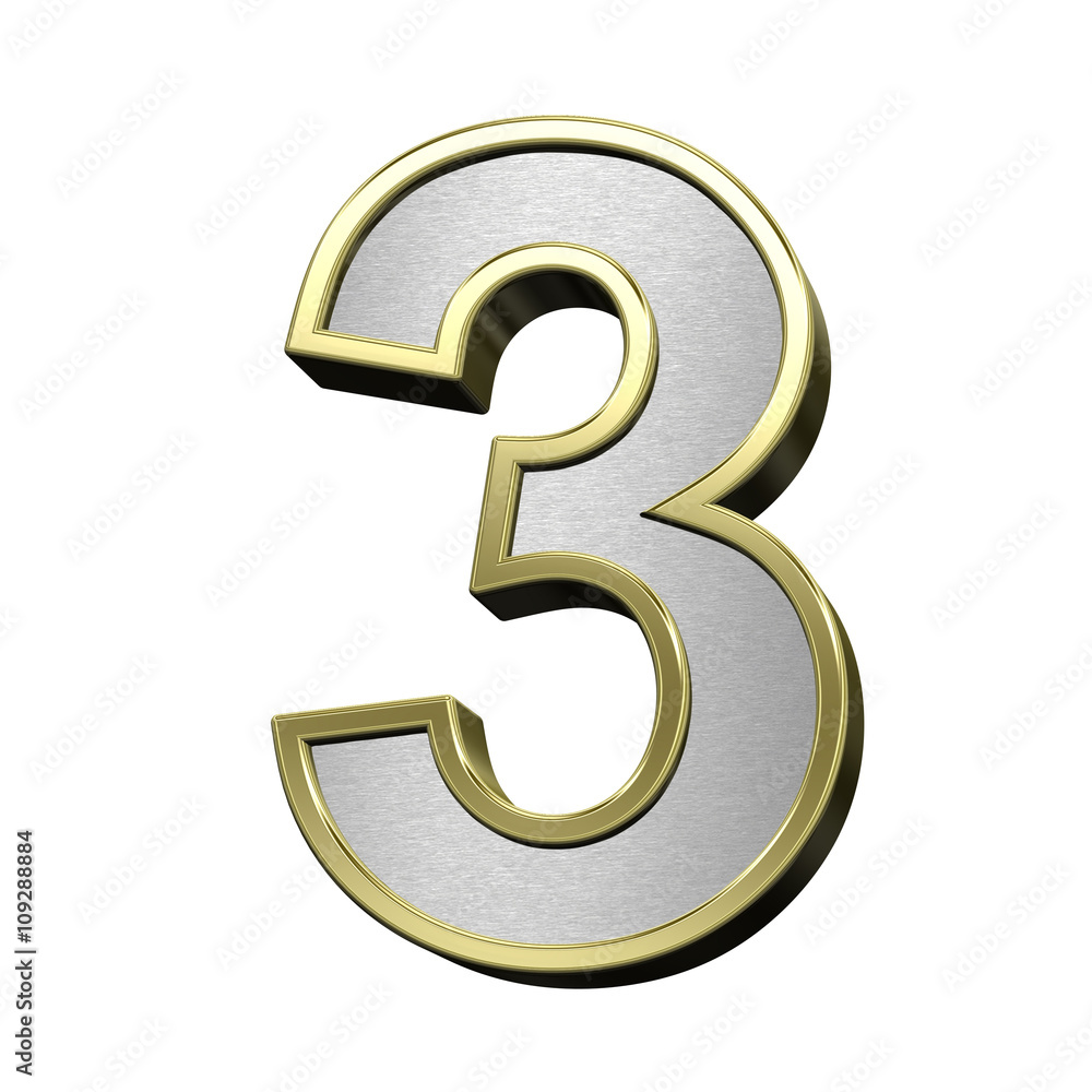 One digit from brushed silver with shiny gold frame alphabet set, isolated on white. 3D illustration. One digit from brushed silver with shiny gold frame alphabet set, isolated on white. 3D illustration.
