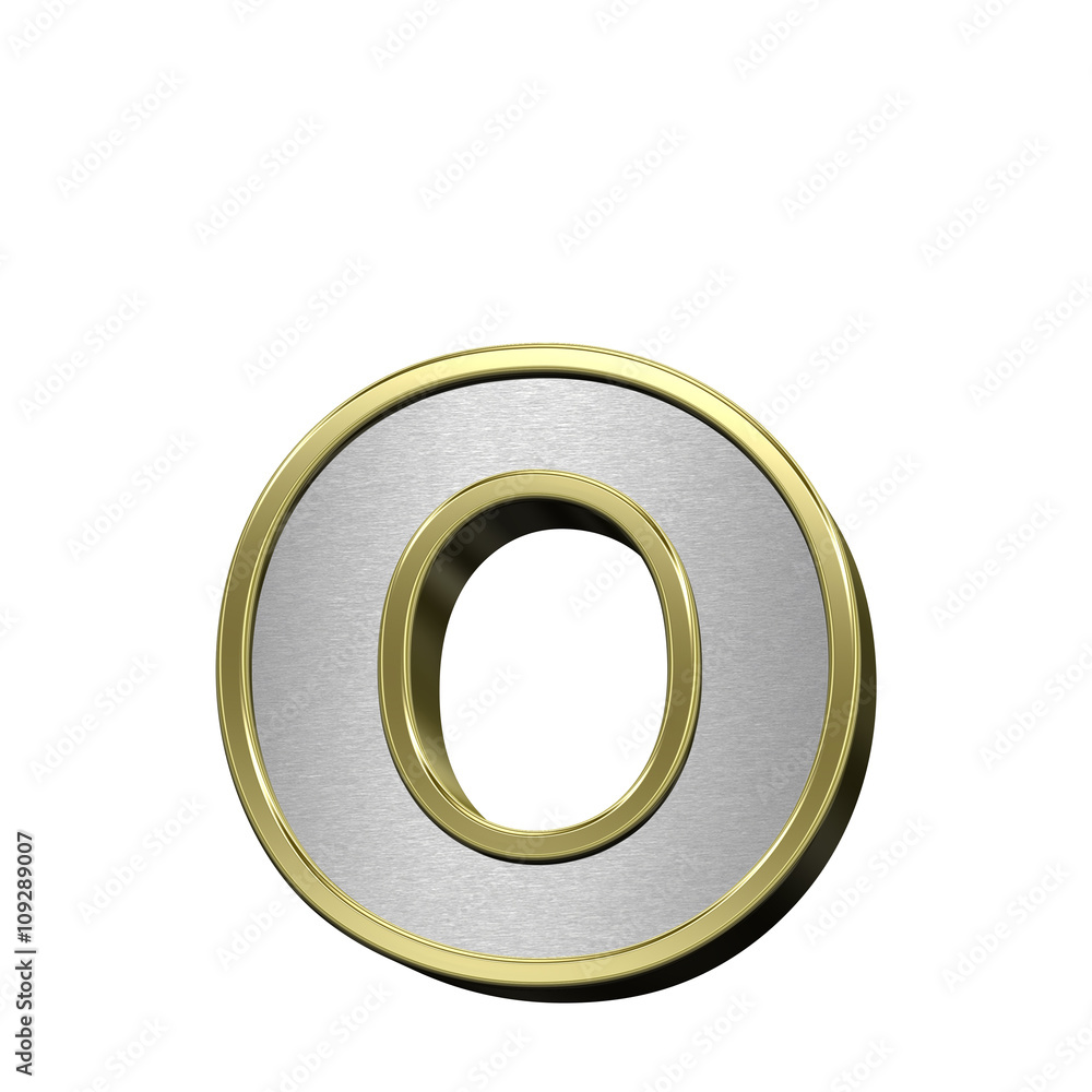 One lower case letter from brushed silver with shiny gold frame alphabet set, isolated on white. 3D illustration. One lower case letter from brushed silver with shiny gold frame alphabet set, isolated on white. 3D illustration.