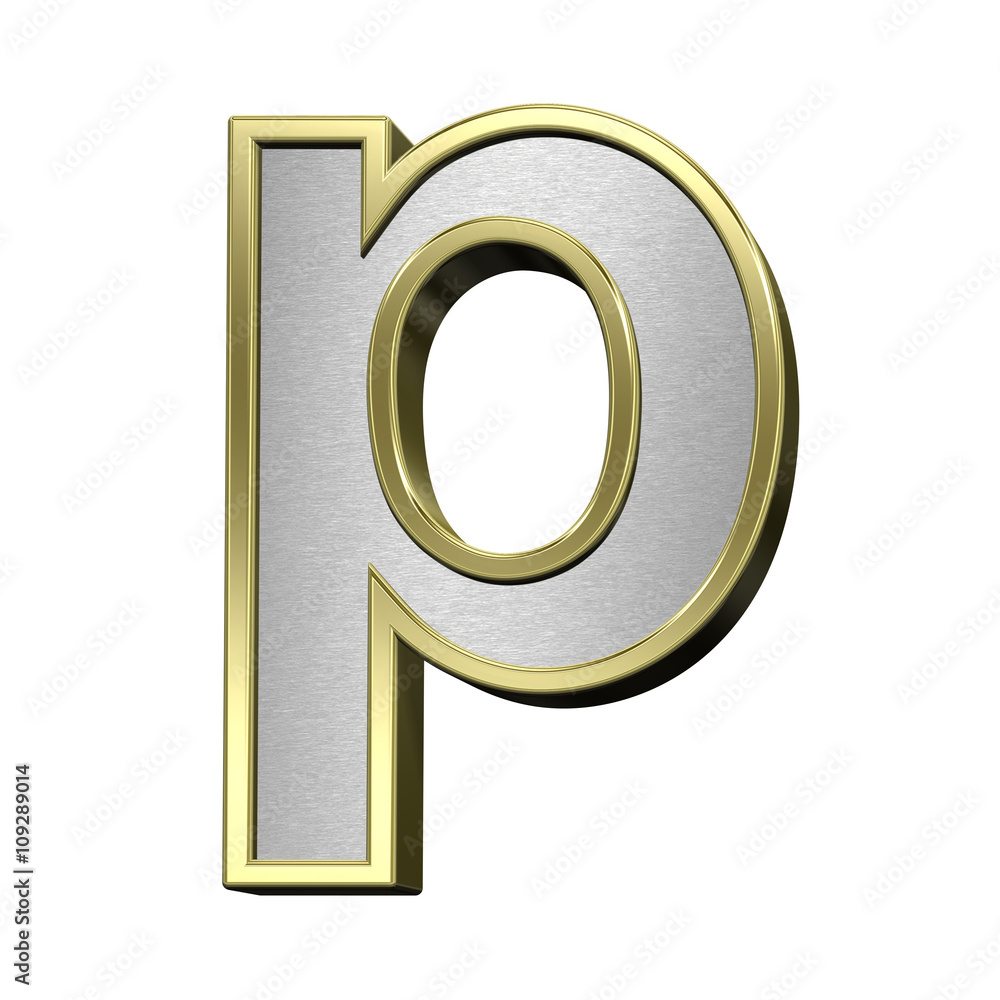 One lower case letter from brushed silver with shiny gold frame alphabet set, isolated on white. 3D illustration. One lower case letter from brushed silver with shiny gold frame alphabet set, isolated on white. 3D illustration.