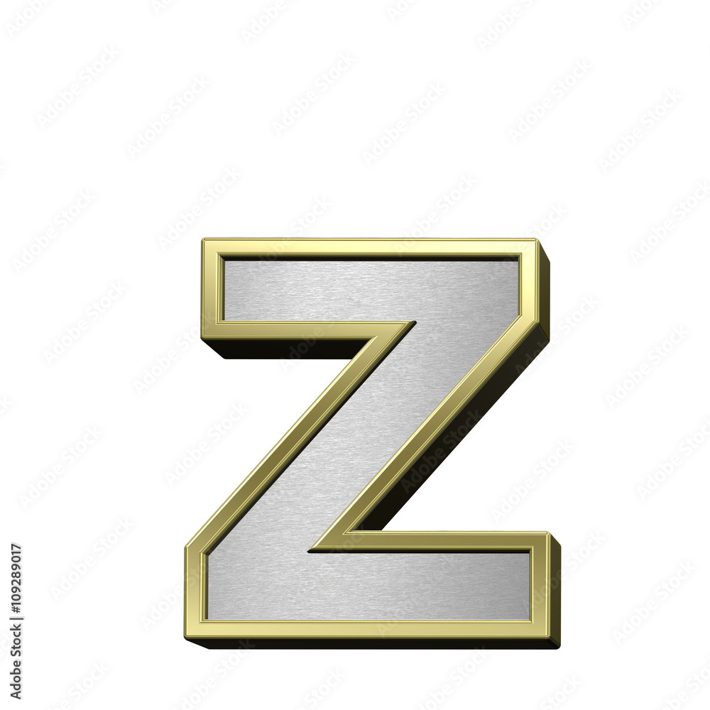 One lower case letter from brushed silver with shiny gold frame alphabet set, isolated on white. 3D illustration. One lower case letter from brushed silver with shiny gold frame alphabet set, isolated on white. 3D illustration.