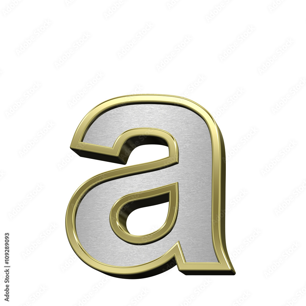 One lower case letter from brushed silver with shiny gold frame alphabet set, isolated on white. 3D illustration. One lower case letter from brushed silver with shiny gold frame alphabet set, isolated on white. 3D illustration.