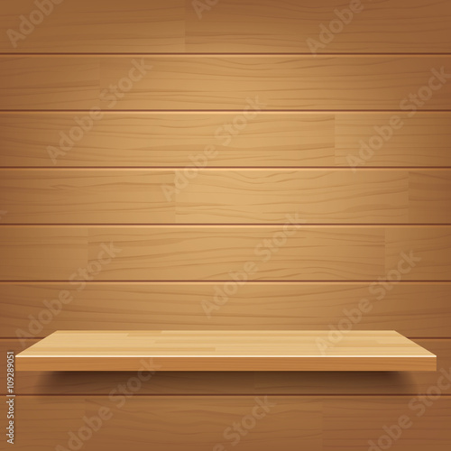 vector empty wooden shelf on wooden wall background