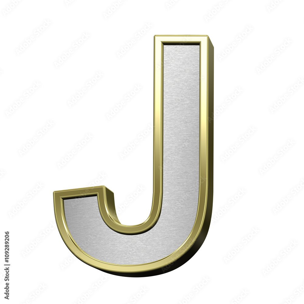 One letter from brushed silver with shiny gold frame alphabet set, isolated on white. 3D illustration. One letter from brushed silver with shiny gold frame alphabet set, isolated on white. 3D illustration.