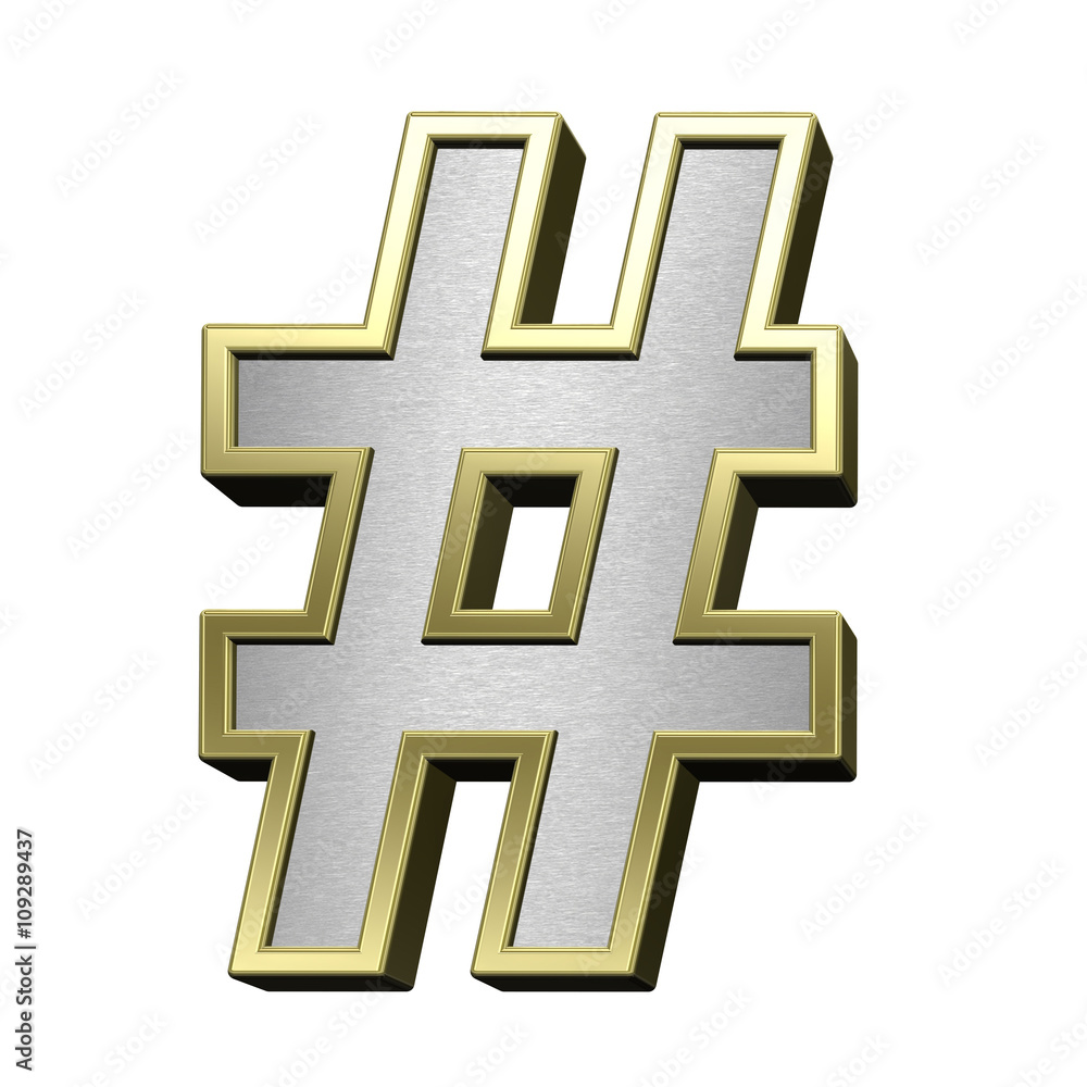 Fototapeta premium Number mark from brushed silver with shiny gold frame alphabet set, isolated on white. 3D illustration.