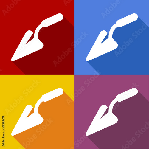 Icono plano paleta de albañil con sombra en varios colores