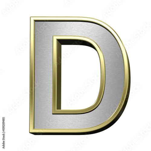 One letter from brushed silver with shiny gold frame alphabet set, isolated on white. 3D illustration.