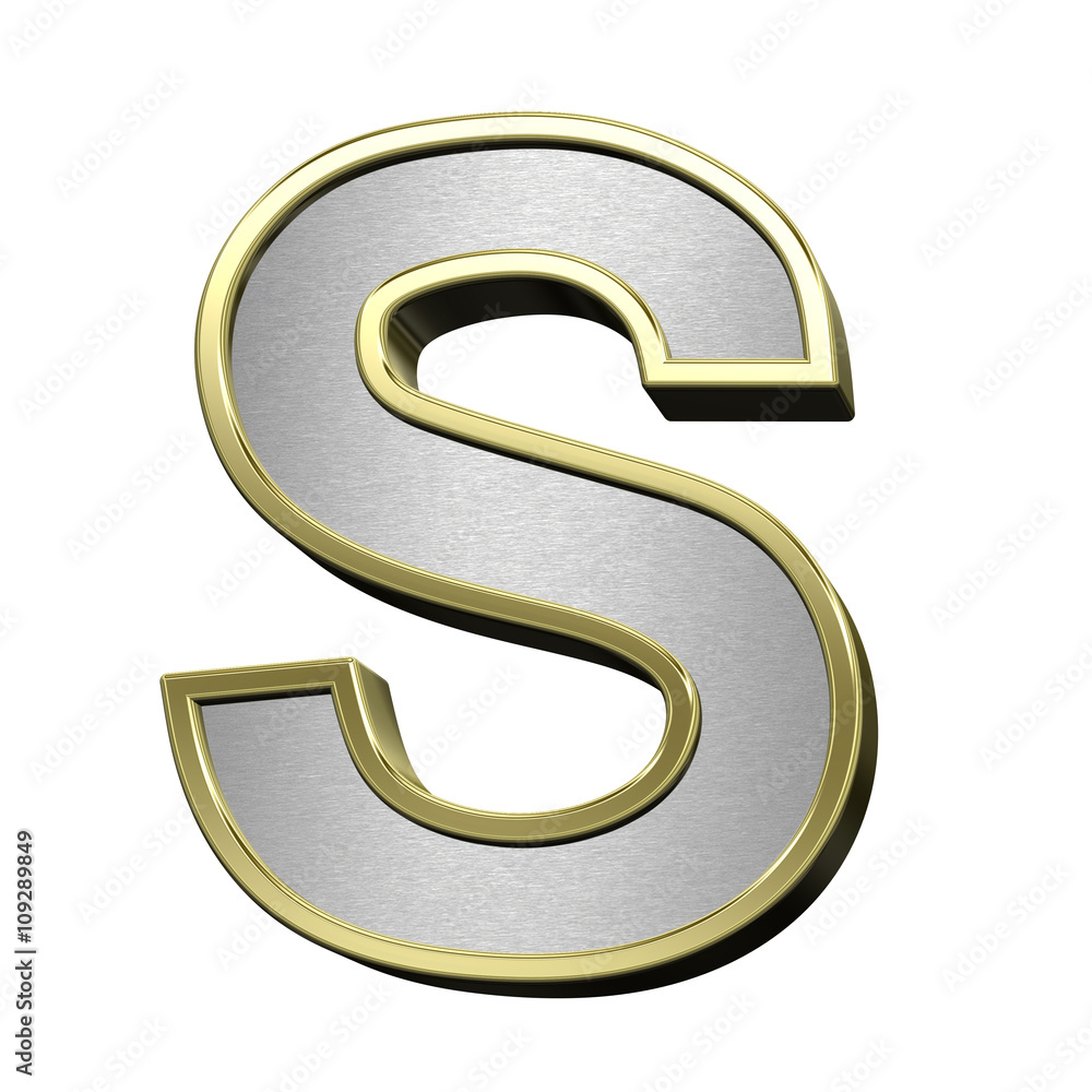 One letter from brushed silver with shiny gold frame alphabet set, isolated on white. 3D illustration. One letter from brushed silver with shiny gold frame alphabet set, isolated on white. 3D illustration.