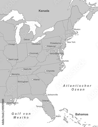 Ostküste der USA - Städte (Grau)