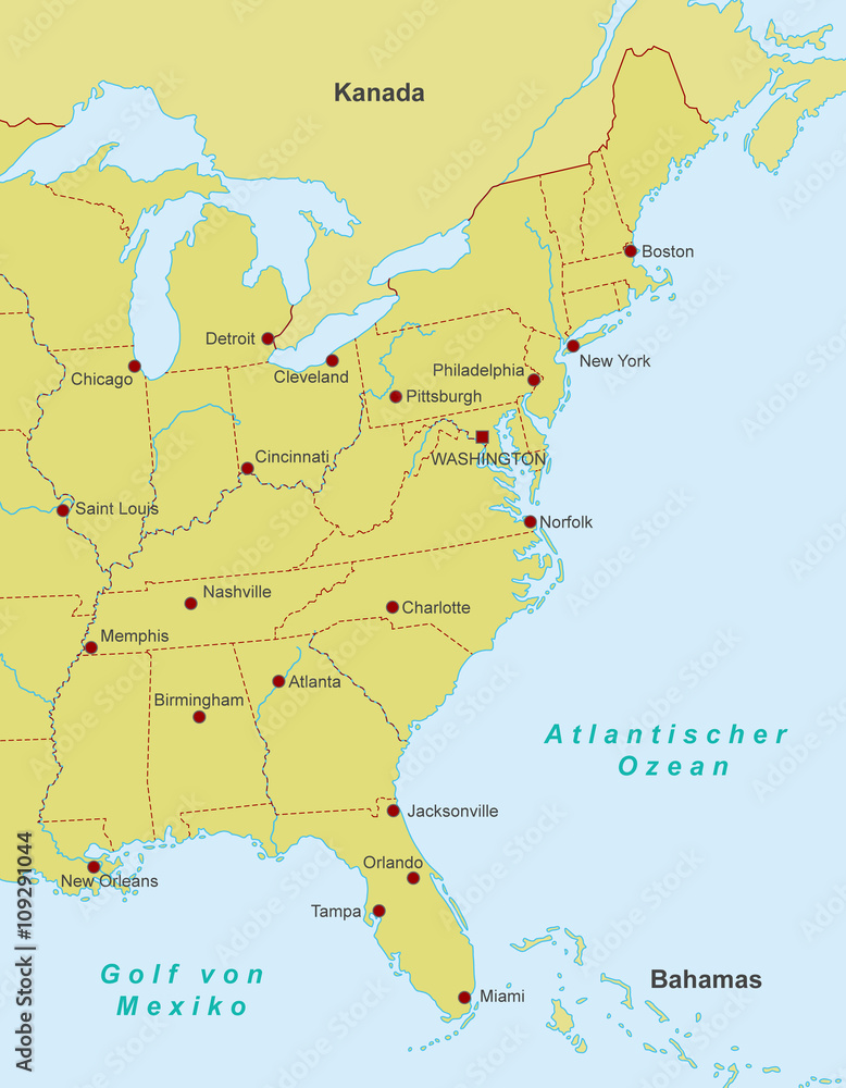 Ostküste der USA - Städte (Orange)
