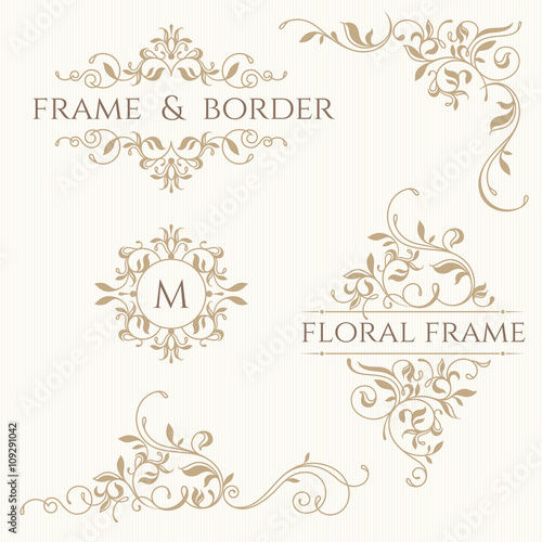 Set of decorative  borders and monograms. Template signage, labe