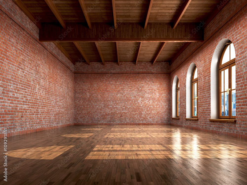 Empty room with rustic finishes of a residential interior or off - obrazy, fototapety, plakaty 