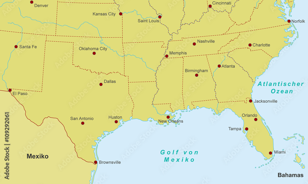 Südküste der USA - Städte (Orange)
