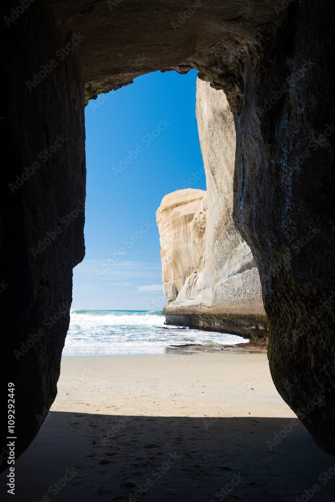 Small cave at the Tunnel beach near Dunedin, New Zealand