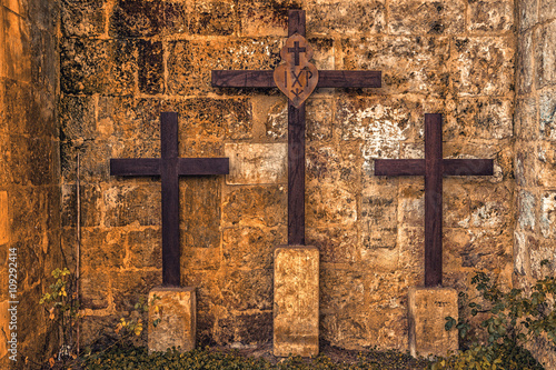 three crosses on Mount Golgotha photo