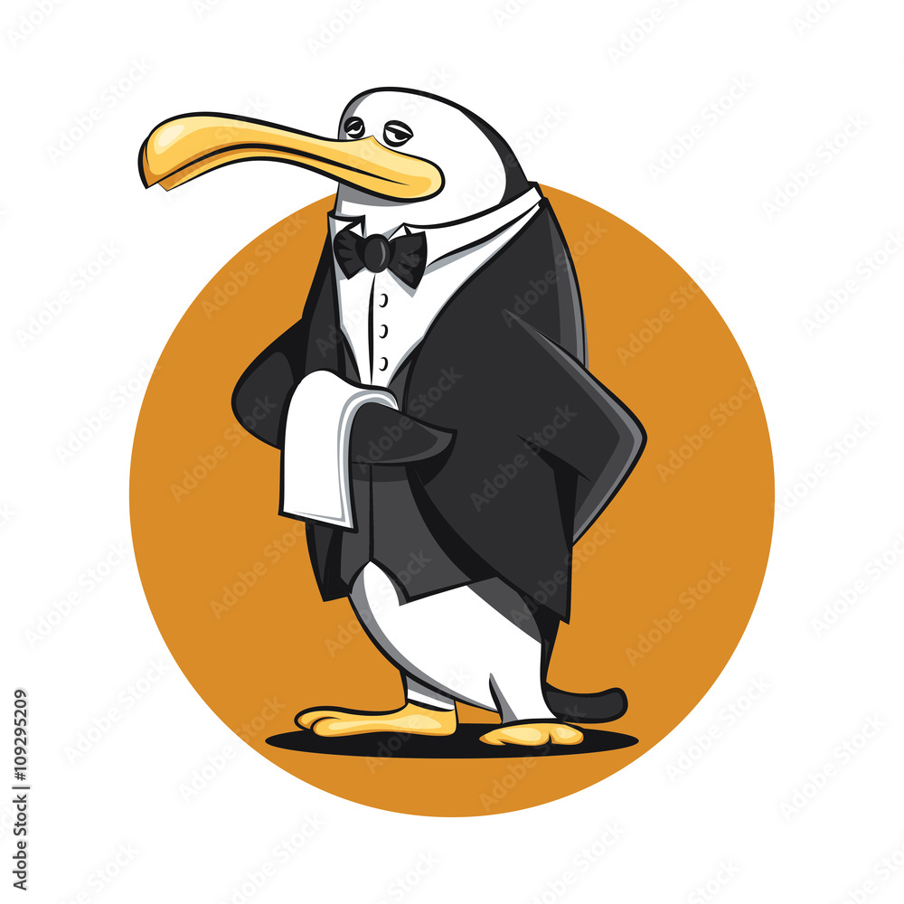 Naklejka premium Zabawny kelner kelner pingwin kreskówka w jednolity wektor