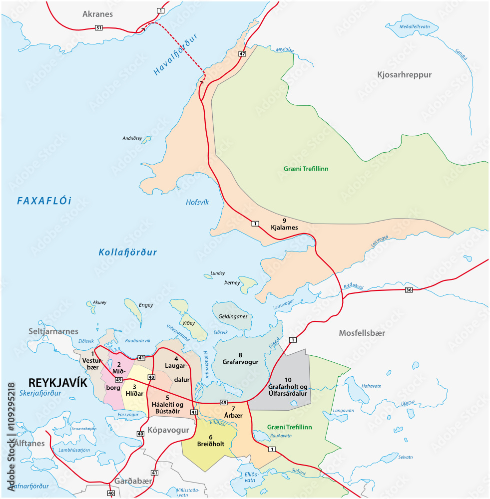 administrative and road vector map of the Icelandic capital Reykjavik