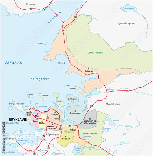 administrative and road vector map of the Icelandic capital Reykjavik