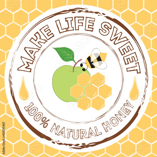 Stamp with hand drawn honeycomb, honey  and honey bee made on bright yellow color with text.