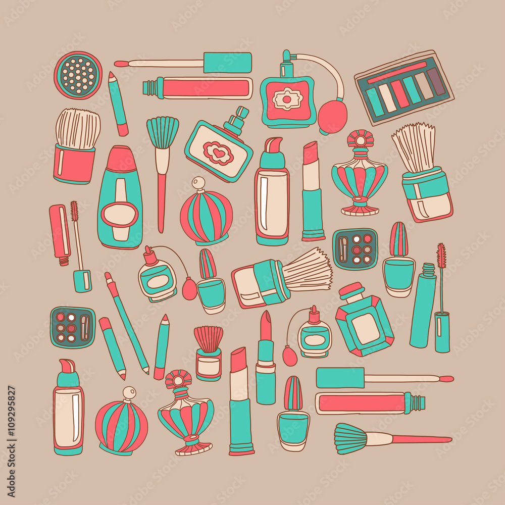 Vector doodle set of perfume and cosmetics