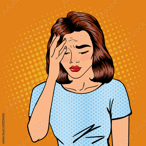 Woman has a Headache. Woman Stress. Exhausted Woman. Pop Art Banner