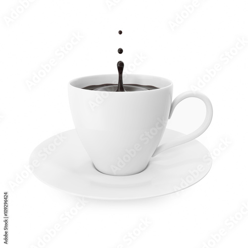 Cup coffee with splash drops isolated on white background.