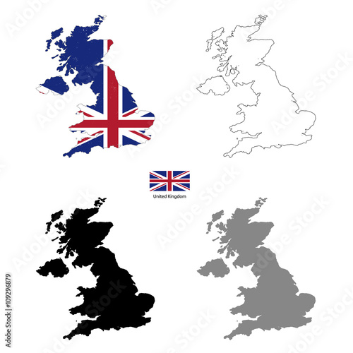 United Kingdom country black silhouette and with flag on background