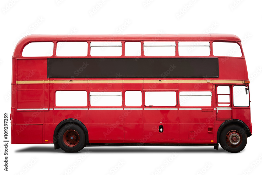 Red London bus, double decker on white, clipping path - obrazy, fototapety, plakaty 