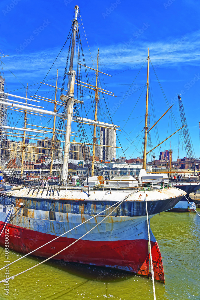 Ship in harbor of South Street Seaport in Lower Manhattan