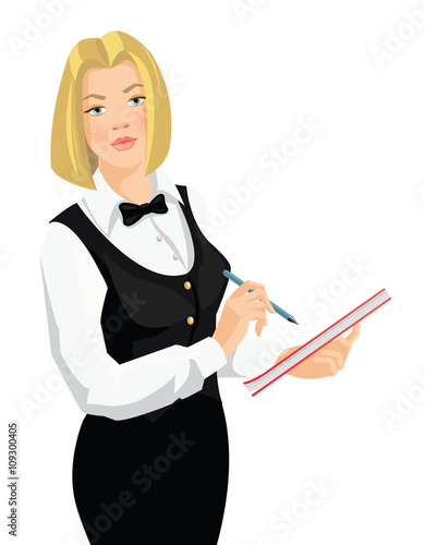 The waitress takes an order. Pretty woman in uniform