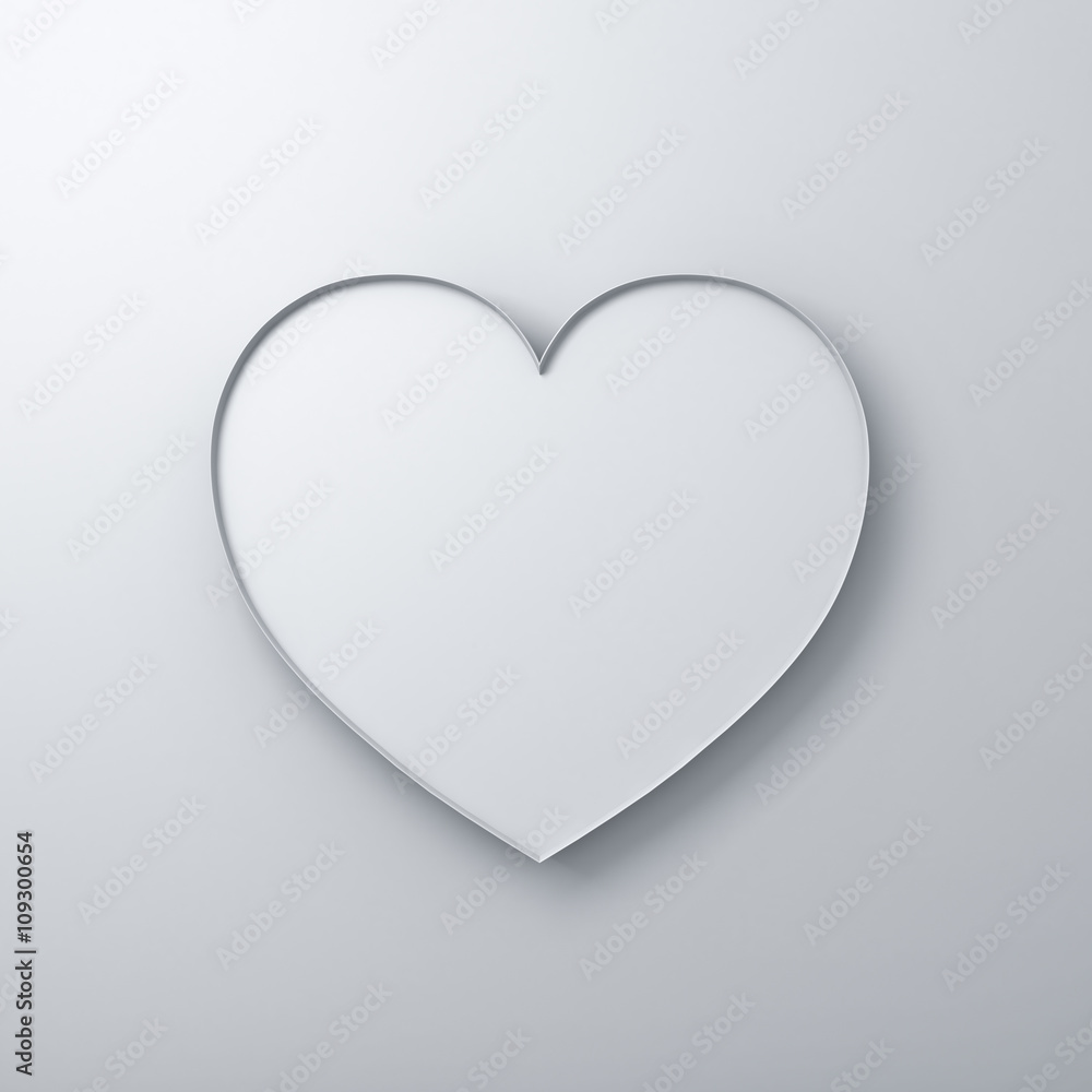 White heart shape on white wall background with shadow. 3D rendering. White heart shape on white wall background with shadow. 3D rendering.