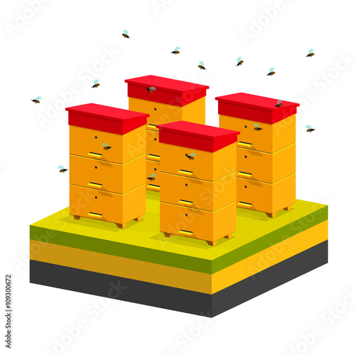 Isometric hives on schematic background of the earth. Vector api