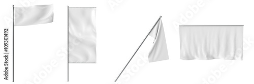 collection white flags and banners isolated on white.