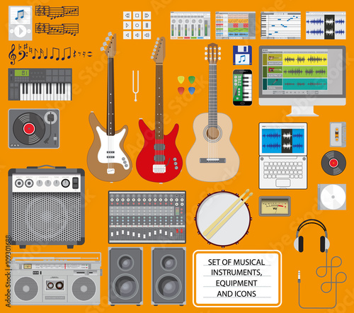 Set of musical instruments, equipment and icons. Editable vector illustration