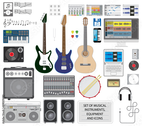 Big set of musical instruments, equipment and icons. Editable vector illustration