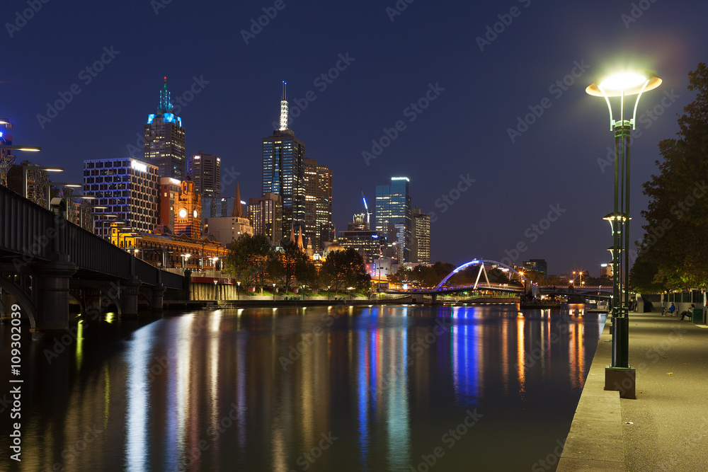 Melbourne CBD - APR 17 2016: Cityscape at night with Southbank footbridge over yarra river and Flinders street station.