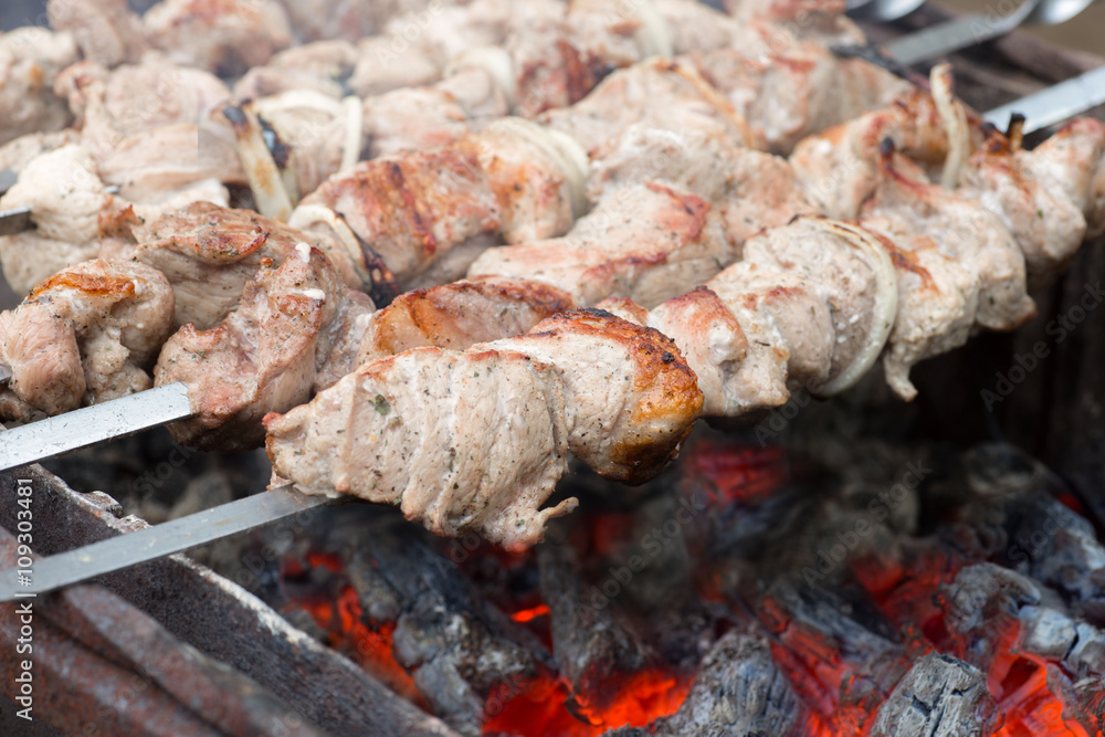 Kebabs on skewers cooked on the coals in the smoke Kebabs on skewers cooked on the coals in the smoke