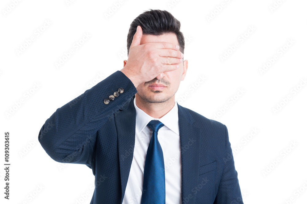 Lawyer or broker covering his eyes with palm Lawyer or broker covering his eyes with palm