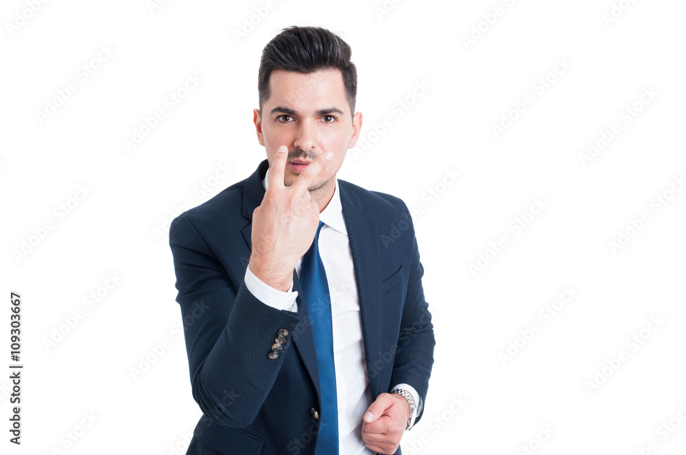 Businessman making look into my eyes and pay attention gesture Businessman making look into my eyes and pay attention gesture