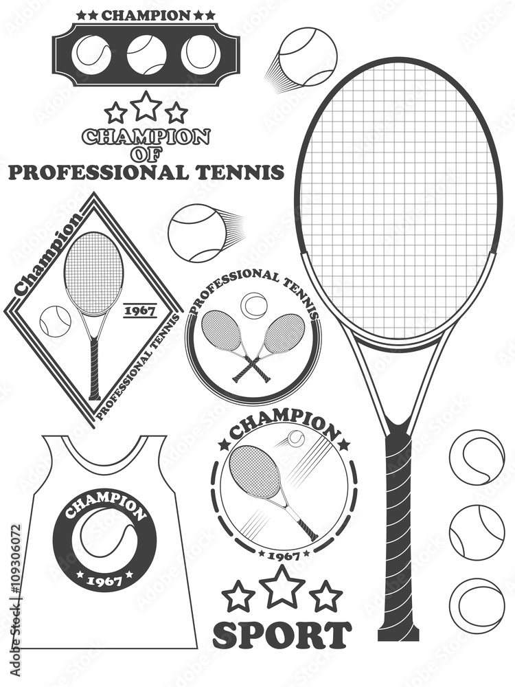 Tennis league labels, emblems and design elements. Vector