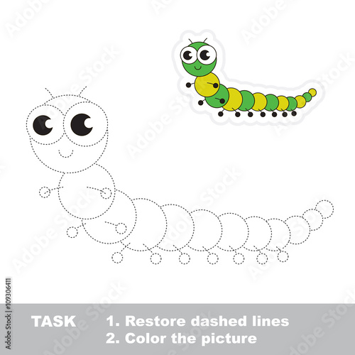 Green millipede to be traced. Vector trace game.